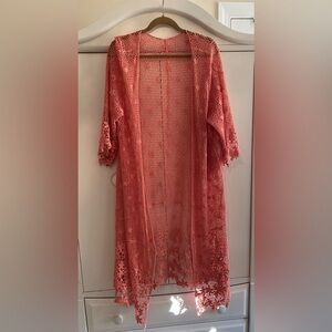 Orange Vintage Crochet Open Cardigan kimono Duster boho FLOWY